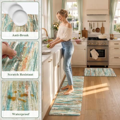 KIMODE Kitchen Mats Cushioned Anti Fatigue,Cyan Abstract Farmhouse Rugs