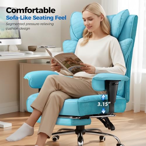 GTPLAYER Big and Tall Office Chair, Wide Ergonomic Gaming Chair with Deluxe Embossing Designed Leather with Foot Rest,150°Reclining Adjustable Soft Armrests Pocket Spring Back Support and Pillow