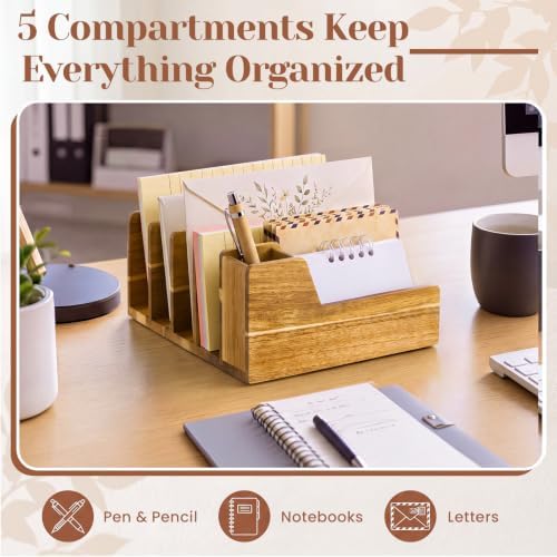 Novabright Acacia Wood Desk Organizer with Pen Holder, 6 Slot Mail Sorter