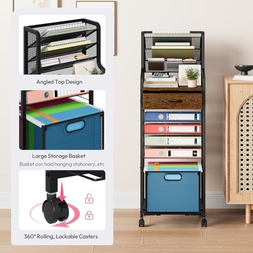 SWTYMIKI 10-Tier Rolling File Cart - Mesh Paper Organizer with Drawer & Hanging File Folders on Lockable Wheels, Rolling File Cabinet for Office Organization, Storage in Home, Studio, School, Espresso