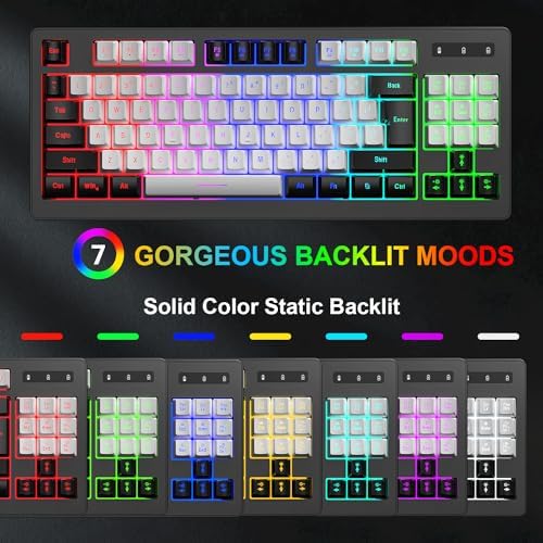 BlueFinger Wireless Gaming Keyboard and Mouse Combo, RGB Rainbow Backlit Rechargeable Battery, 87 Keys TKL Light Up Keyboard with Ergonomic Gaming Mouse for Mac Laptop Computer PC Gamer(Black & White)