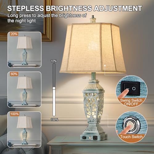 AIDENOEY Farmhouses Table Lamp with USB & USB-C Charging Ports, 3-Color Dimmable & Stepless Bottom Dimming, Touch Control & Switch, Vintage Bedside Lamp for Bedroom Living Room Office,(27.5" high)