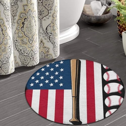 Large Machine Washable Circular Rugs, Home Decor Round Mat for Living Room Sofa Office Red Line Baseball American Flag