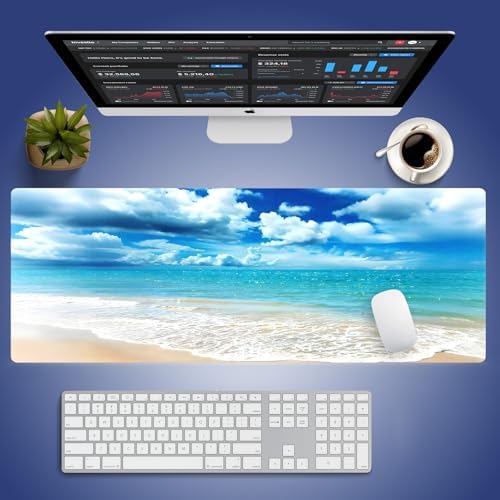Tranquil Coastal Beach Large Mouse Pad, Blue Ocean Puffy Clouds Desk Mat