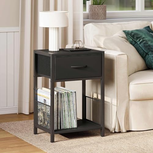YAUKOMEL Nightstand Set of 2 with Fabric Drawer, Black Bedside Table