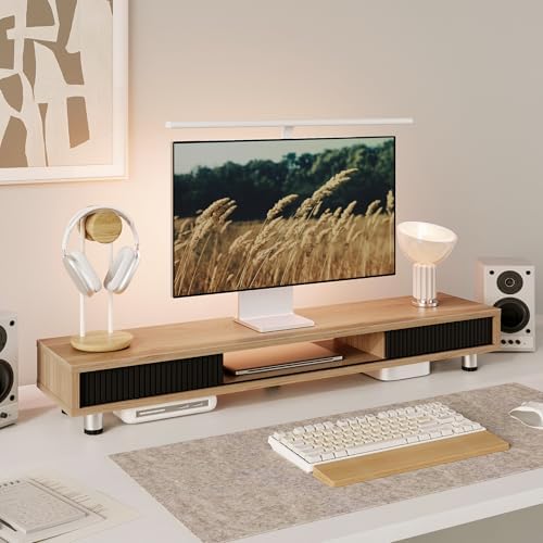 Fenge Dual Monitor Stand with Storage, Desk Shelf with Glass Sliding Door