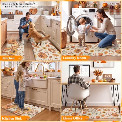 HEBE Fall Kitchen Rugs Set of 2,Anti Fatigue Pumpkin Kitchen Mats for Floor