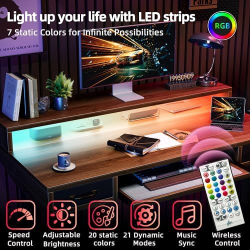 TIQLAB Standing Desk with Two Drawers, Stand Up Standing Desk Adjustable Height, Electric Sit Stand Table with Storage Shelf and Splice Board, with LED Light, 47 * 28 inch, Black Walnut
