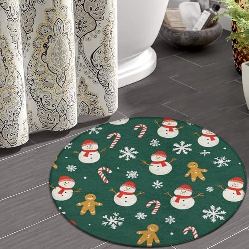 Fashion Round Area Rug Large Non Slip Carpet, Christmas Gingerbread Snowman Green Unisex Home Decor Mat