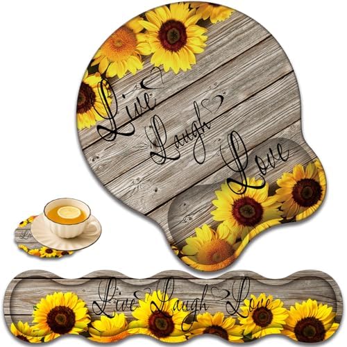 Keyboard Wrist Rest and Mouse Pad Wrist Support with Lace-Shaped Coaster Set, Ergonomic Gel Memory Foam and Anti-Slip Base, Easy Typing and Pain Relief - Sunflower Bible