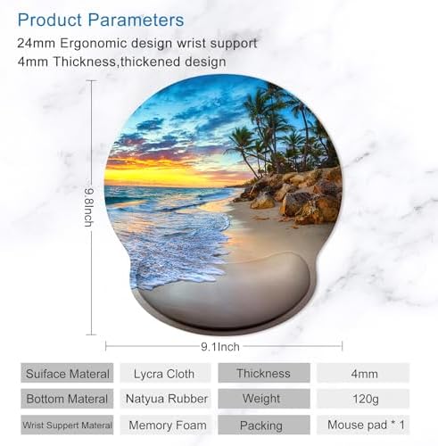 ITNRSIIET Ergonomic Mouse Pad with Wrist Support Wrist Rest Smooth Surface Non-Slip Rubber Base Comfortable Office Supplies Pain Relief, 9.8 x 9.1 inches, Beach