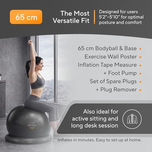 Yoga Ball Chair for Office Desk with Base - Ergonomic Balance & Stability Exercise Ball Seat for Adults - Active Sitting for Posture, Core & Back Pain Relief, Home Gym, Therapy, Pump