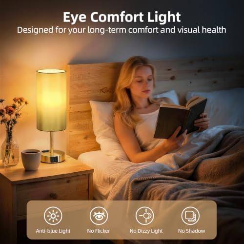 Bedside Table Lamp, Dimmable Touch, AC Outlet, USB A+C (Gold)