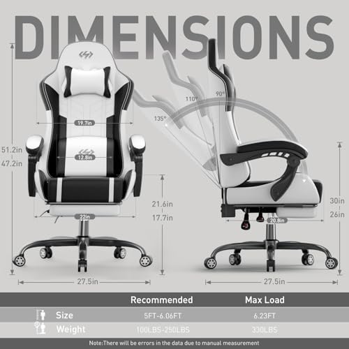 HLDIRECT High Back Gaming Chair, USB Massage Lumbar Support, Black&White