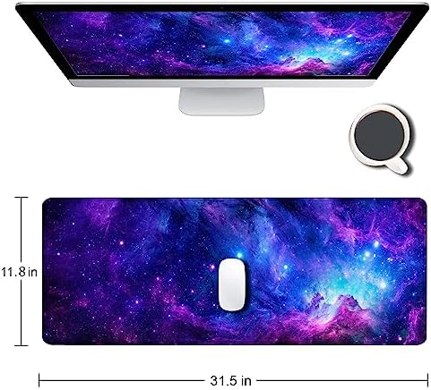 Gaming Large Mouse Pad with Stitched Edges, Purple Galaxy Desk Mat, Extended Keyboard Pad, Non-Slip Rubber Base Desk Pad for Keyboard and Mouse, 31.5X11.8 inch