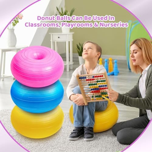 Lewtemi 1/2/3 Pcs Flexible Seating for Classroom Elementary 20 Inch Yoga Ball Chair for Kids Wobble Chair for Sensory Kids Large Donut Ball Seats with Inflator for School Office