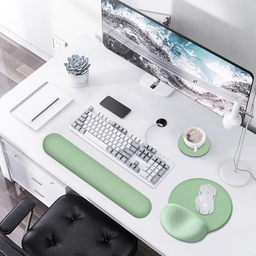 AIMSA Mouse Pad with Wrist Rest Support, Keyboard Wrist Rest Set, Ergonomic Memory Foam Mousepad for Computer Keyboard, Easy Typing and Pain Relief, Green
