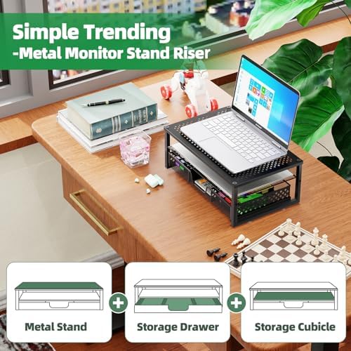 Simple Trending Metal Monitor Stand Riser and Computer Desk Organizer with Drawer for Laptop, Computer, iMac, Black