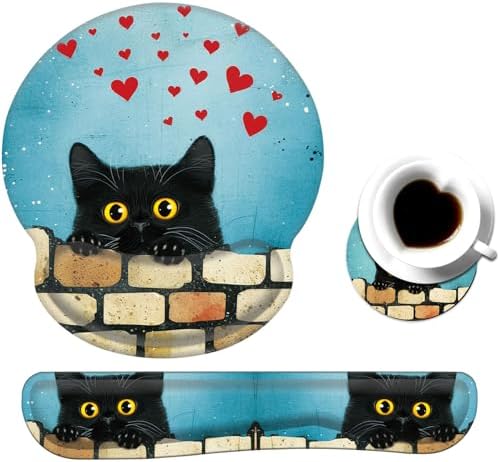 Keyboard Wrist Rest and Mouse Pad Wrist Support Set with Coaster,Comfortable for Easy Typing,Pain Relief,Memory Foam Keyboard Pad Set for Laptop Mac,Cute Black Cat