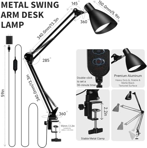 Swing Arm Desk Lamp with Clamp, Adjustable Arm LED Clamp on Desk Lamps with 5 Color Modes and 10 Brightness for Home Office Reading Drafting Study (Black)