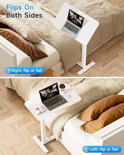 BIZUM Mobile Standing Desk Laptop Desk Pneumatic with Wheels 180° Tilt Top Hospital Bed Table Portable Rolling Cart Foldable Bedside Table for Hospital&Home Use, White