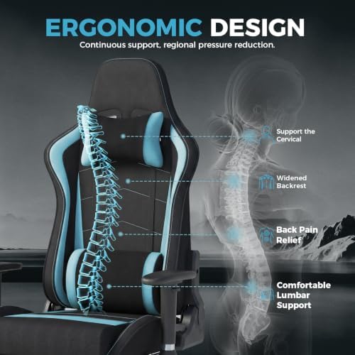 LUCKRACER Gaming Chair High Back Ergonomic Computer Chair with Breathable Fabric, with Lumbar Support, 8-Way Adjustable Armrests, Integrated Frame for Office Study Gaming, Light Blue
