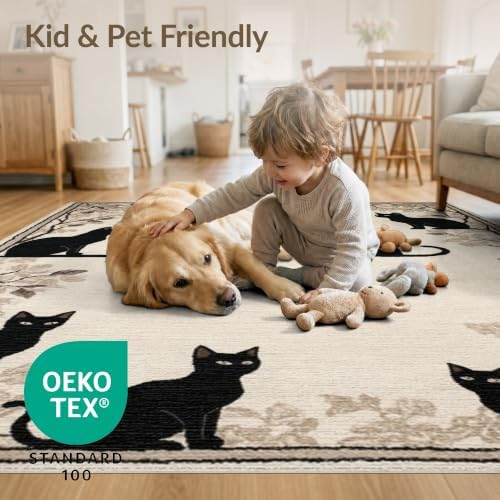 2'x3' Black Cat Taupe Design with Motifs Washable Doormat