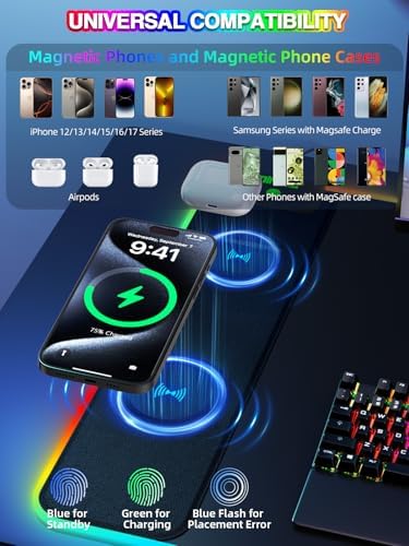 Mouse Pad with 15W Magnetic Wireless Charging, RGB Mousepad for Desk Mat, XXL Desk Pad with 11 Colors 5 Modes, Home Office Keyboard Pad Waterproof Non-Slip for PC Gaming