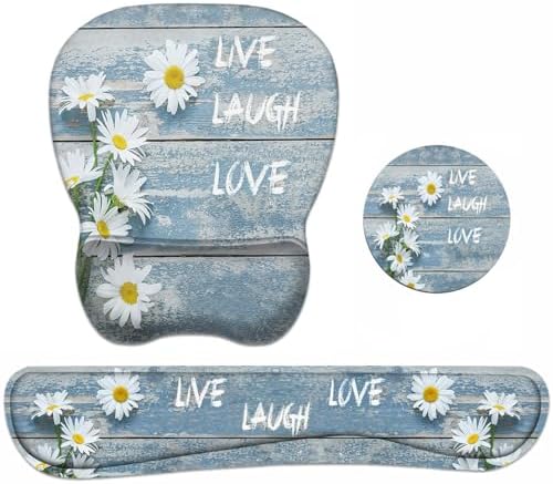Mouse Pad Wrist Support and Keyboard Wrist Rest Set with Coasters, Dreamy Daisy Vintage Wood Board Live Love Laugh with Non-Slip PU Base Ergonomic Mousepad for Home Office Working Studying