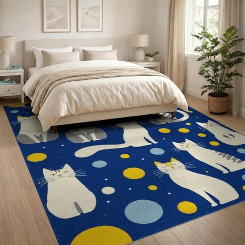 8'x10' Blue Yellow Cat Symphony with Golden Washable Area Rug