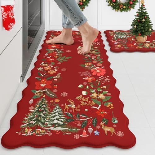 KIMODE Anti Fatigue Kitchen Mats for Floor, Christmas Decor Kitchen Rugs Sets of 2, Cushioned Kitchen Floor Mats Non Slip, Red Rugs for Kitchen Floor Christmas Decorations Laundry Desk 17"x47"+17"x29"