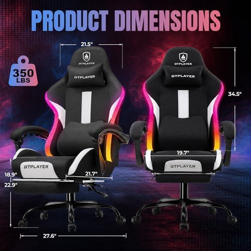 GTPLAYER RGB Gaming Chair with Footrest, LED Lights, Ergonomic Computer Chair with Linkage Armrest, Breathable Fabric for Home Office Desk - Video Game Chairs for Adults