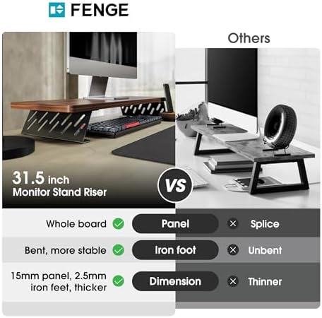Fenge Monitor Stand Riser, Wooden & Metal Desk Shelf Organizer, Brown
