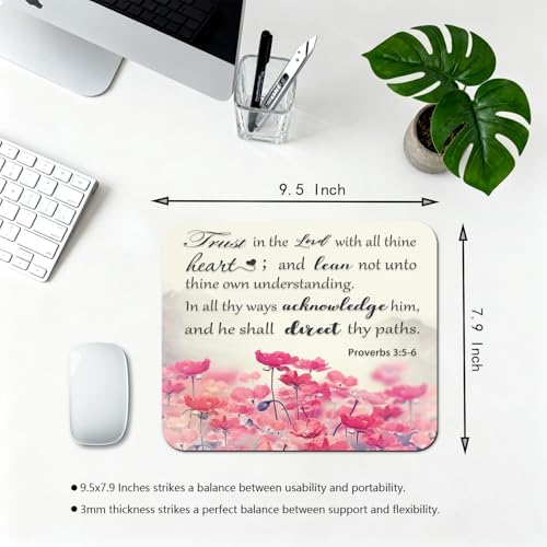 9.5x7.9 Inch Office/Gaming Mouse Pad, Trust in The Lord with All Thine Heart, Inspirational Bible Verse Scripture Quote Amidst a Serene Field of Pink Flowers Cute Anti-Slip Mat for Desk