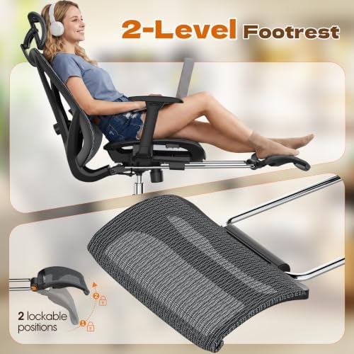 GABRYLLY Ergonomic Office Chair with Adjustable Lumbar Support, 3D Armrests & Headrest, 135° Reclining Chair with Footrest & Large Steel Base,300LBS Swivel Desk Chair - GYMN01-DG