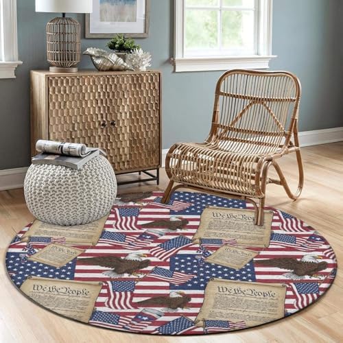 Fashion Round Area Rug Large Non Slip Carpet, American Flag Patriotic USA Bald Eagle and Book Unisex Home Decor Mat, 60inch
