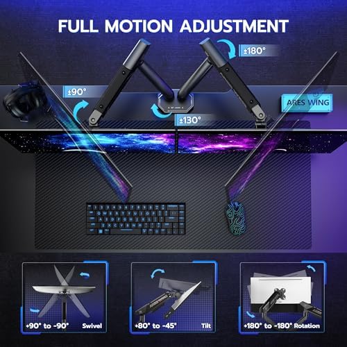ARES WING 17-35 Inch Heavy Duty Dual Monitor Arm with USB, Black