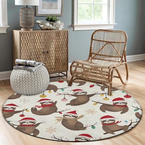 Large Home Decor Mat, Soft Round Yoga Carpet, Non Slip Machine Washable Kitchen Office Circle Rug Funny Christmas Sloth