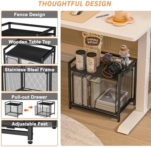 JKsmart Under Desk Storage, Printer Stand with Drawer, Rolling File Cabinet with Adjustable Table Top, 2 Tier Industrial Shelf on Fixed Feet Wheels, Sofa Side Table Organizer for Home, Office, Black