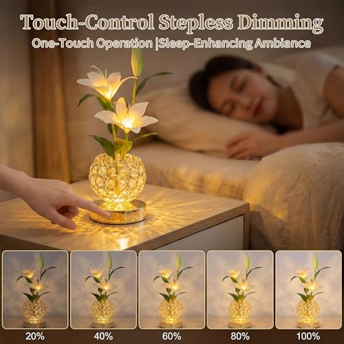 Stargazer Lily Crystal Table Lamp, Rechargeable Touch Flowers Lamp