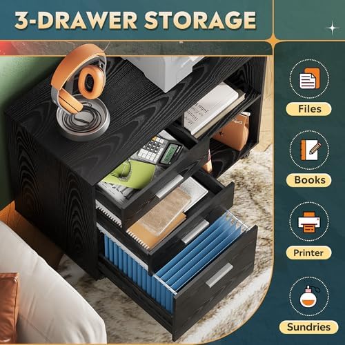 DEVAISE Wood File Cabinet, 3 Drawer Lateral Filing Cabinet Black