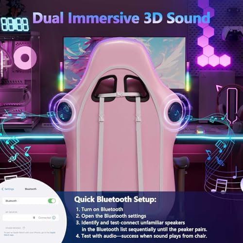 Mr IRONSTONE Gaming Chair with Footrest, Ergonomic Gaming Chair with Massage Lumbar Support and Headrest, Reclining Computer Desk Chair for Adults, Adjustable Swivel Gaming Office Chair, Pink