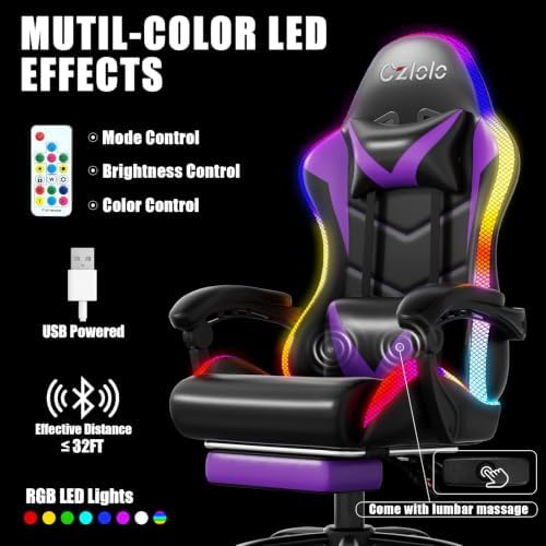 Czlolo Gaming Chair, RGB LED Lights Computer Chair with Footrest, Lumbar Support Massager Gamer Chair, High Back, 90-135° Reclining, Linkage Armrests, Purple