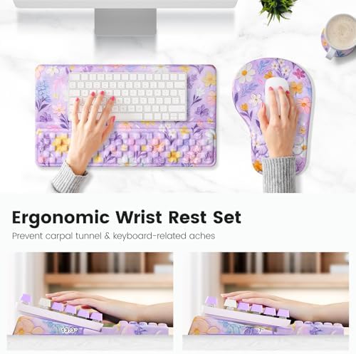 Ospelelf Keyboard Wrist Rest and Mouse Pad Set, Ergonomic Memory Foam Wrist Support, Aesthetic Desk Accessories for Office, Home & Gaming, Relief for Carpal Tunnel & Wrist Pain, Purple Floral