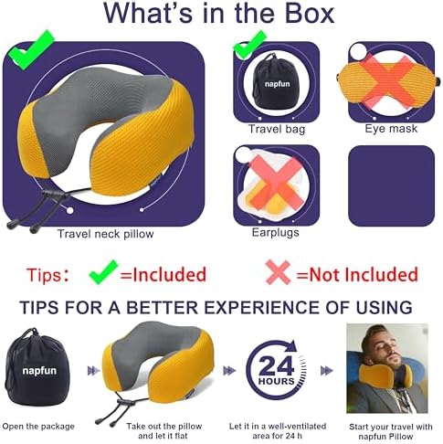 napfun Neck Pillow for Travel, Memory Foam Airplane Pillow, Yellow