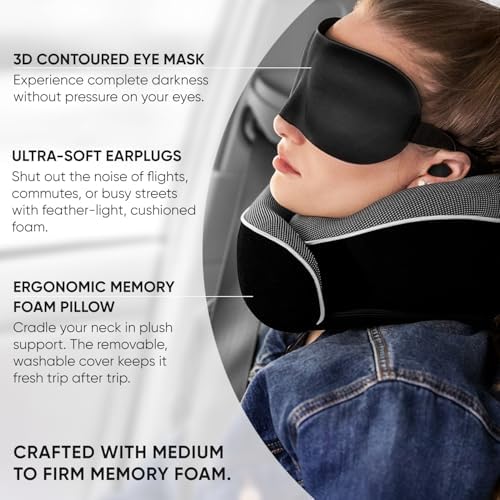 Proglobe Airplane Pillow, Orthopedic Memory Foam Travel Neck Pillow, Black