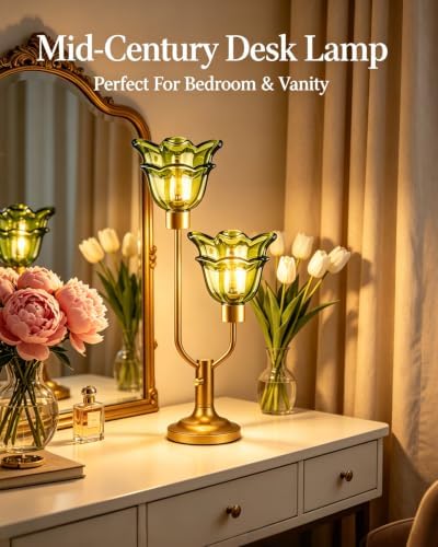 Green Glass Flower Table Lamp Vintage Dimmable 2 Bulbs Included