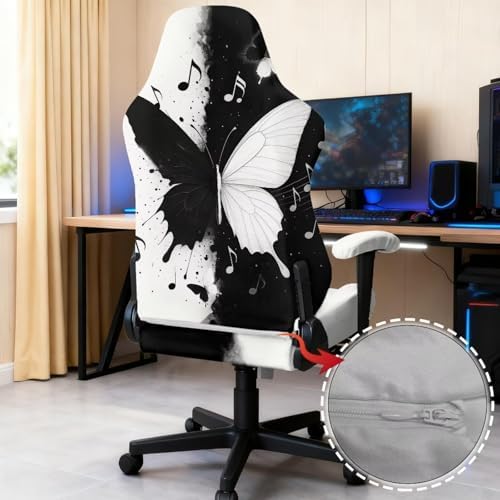 Butterfly Gaming Chair Cover with Armrest Cover Zipper Design Easy to Install Black White Painting Universal Slipcover Scratch Proof Non-Slip Rotating Desk Chair Protector,4 Pcs