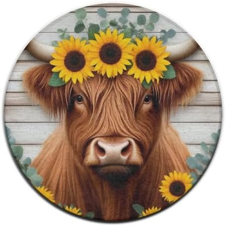 Fashion Round Area Rug Large Non Slip Carpet, Sunflower Highland Cow Unisex Home Decor Mat
