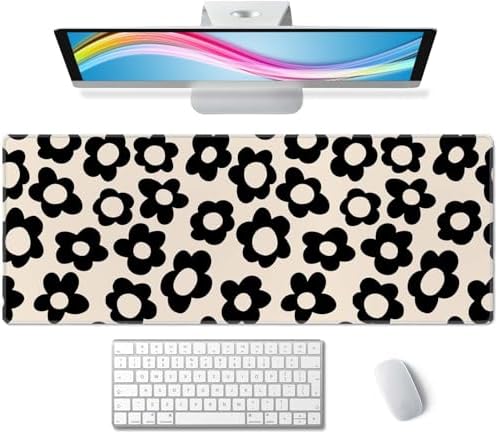 Mouse Pad Gaming, Large Mouse Pads, Non-Slip Rubber Base Mousepad, Keyboard Mouse Mat Desk Pad with Stitched Edges, 31.5x11.8 inch Vintage Black Flowers